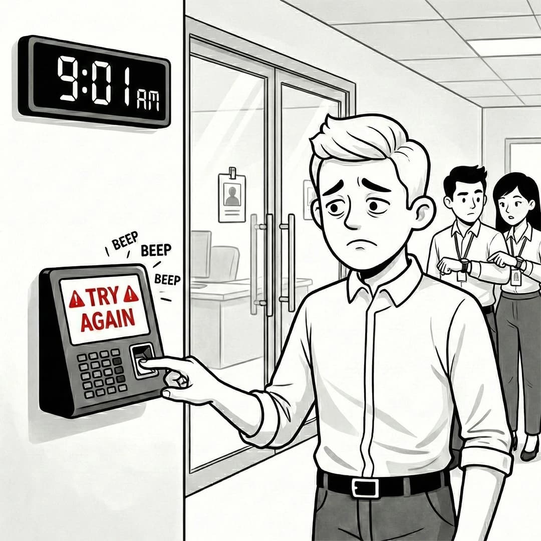 Comic illustration of a biometric machine failure and employee frustration
