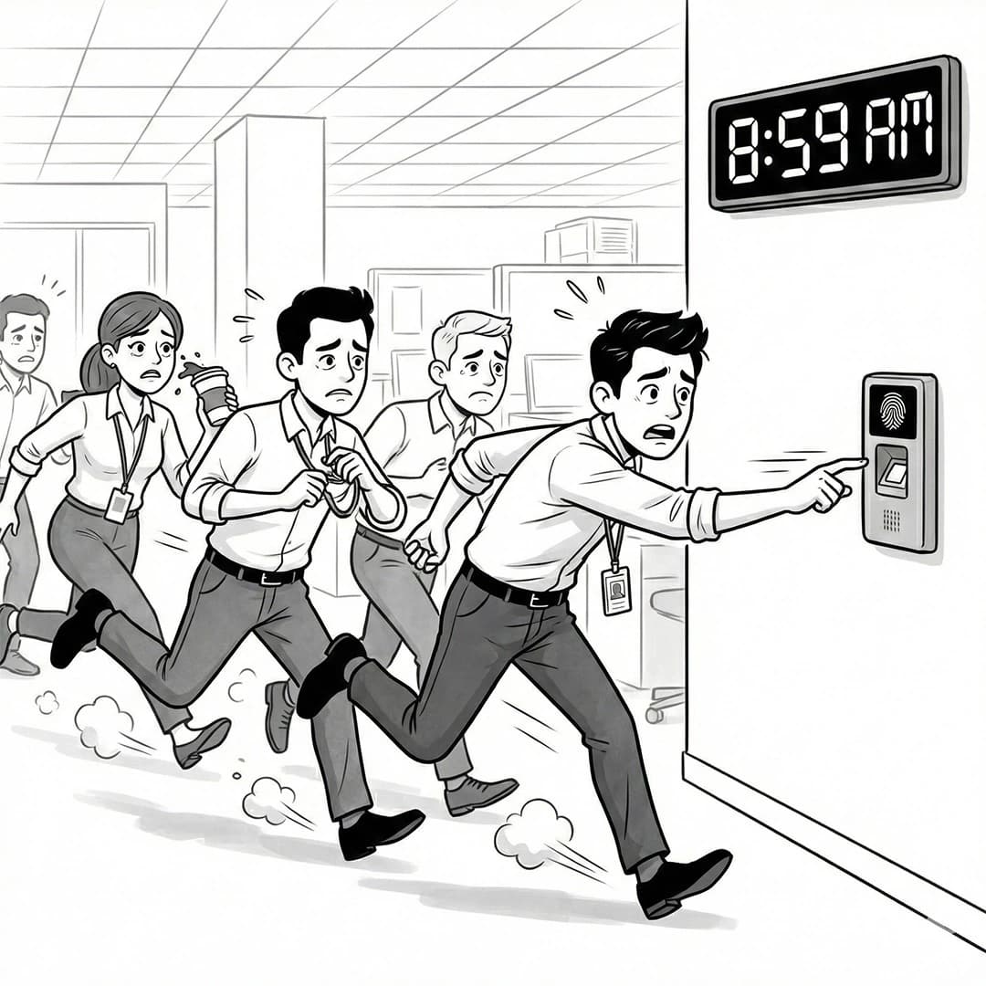 Black-and-white corporate comic illustration of an employee in a suit sprinting towards an office gate while checking a watch. Clean line art, grayscale tones, high contrast, editorial illustration style.