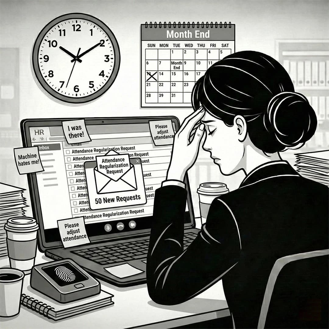 Three-panel storyboard layout showing an HR manager's computer screen being bombarded by 'Missed Punch' email notifications. Grayscale tones, minimal shading, professional setting.