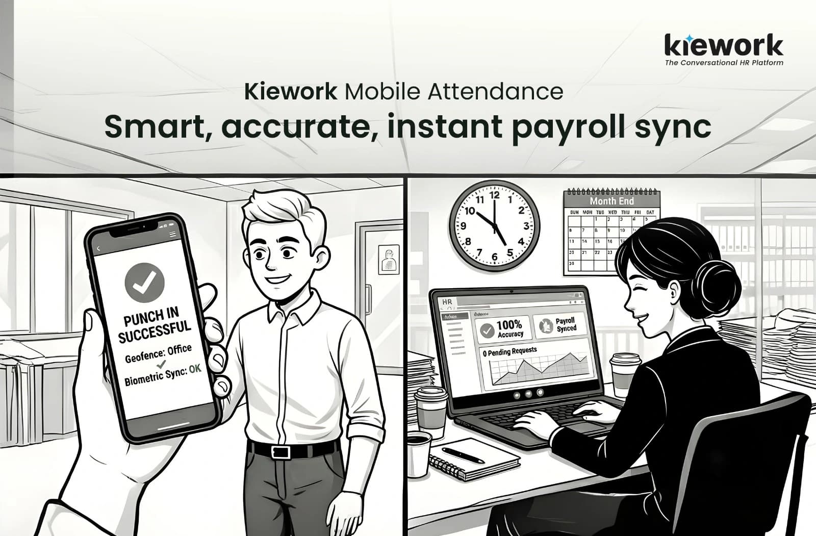Black-and-white high-contrast illustration of an employee smiling while easily marking attendance on their mobile phone from home. Clean line art, grayscale tones, modern flat vector style.