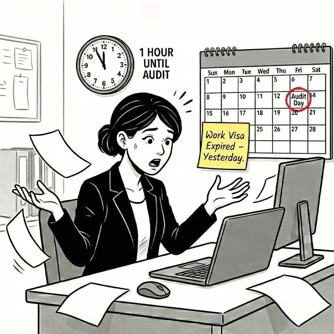 Black-and-white corporate comic illustration of an HR manager looking at a passport with a giant 'EXPIRED' stamp on it. They look panicked. Clean line art.