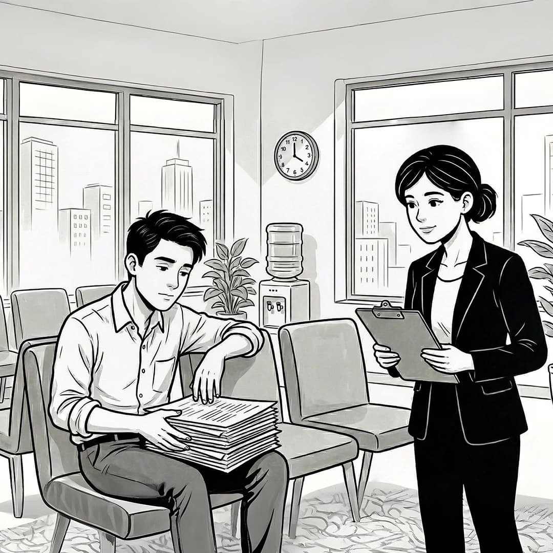 Three-panel storyboard layout showing a new hire buried under a literal mountain of paper forms and documents on their first day.