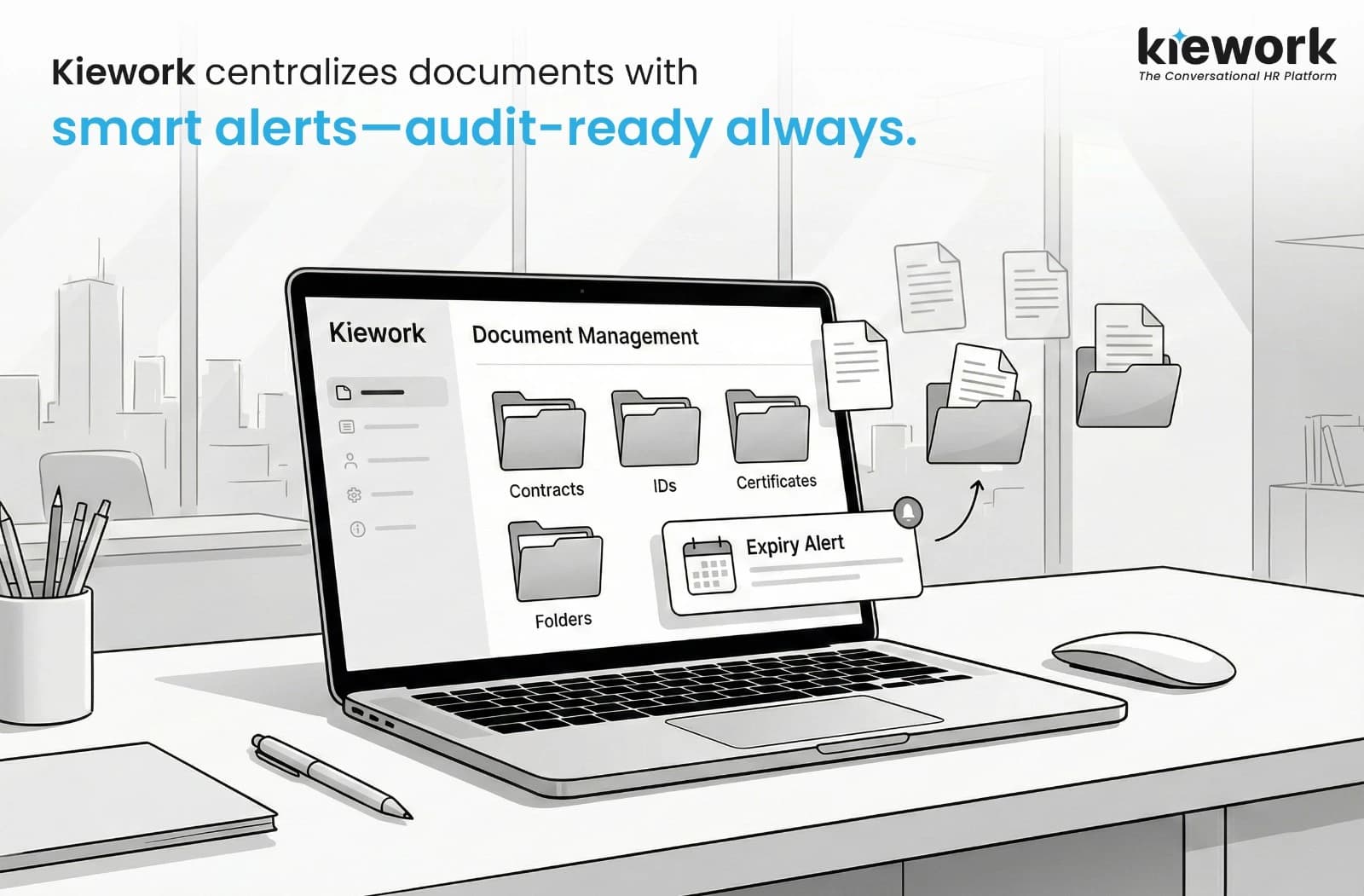 Black-and-white high-contrast illustration of a shield icon over a folder, representing a secure digital vault for employee documents.