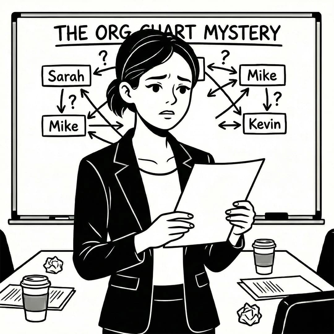 Three-panel storyboard layout showing an HR manager trying to draw an organizational chart on a whiteboard. It looks like a complex web of strings with many question marks.