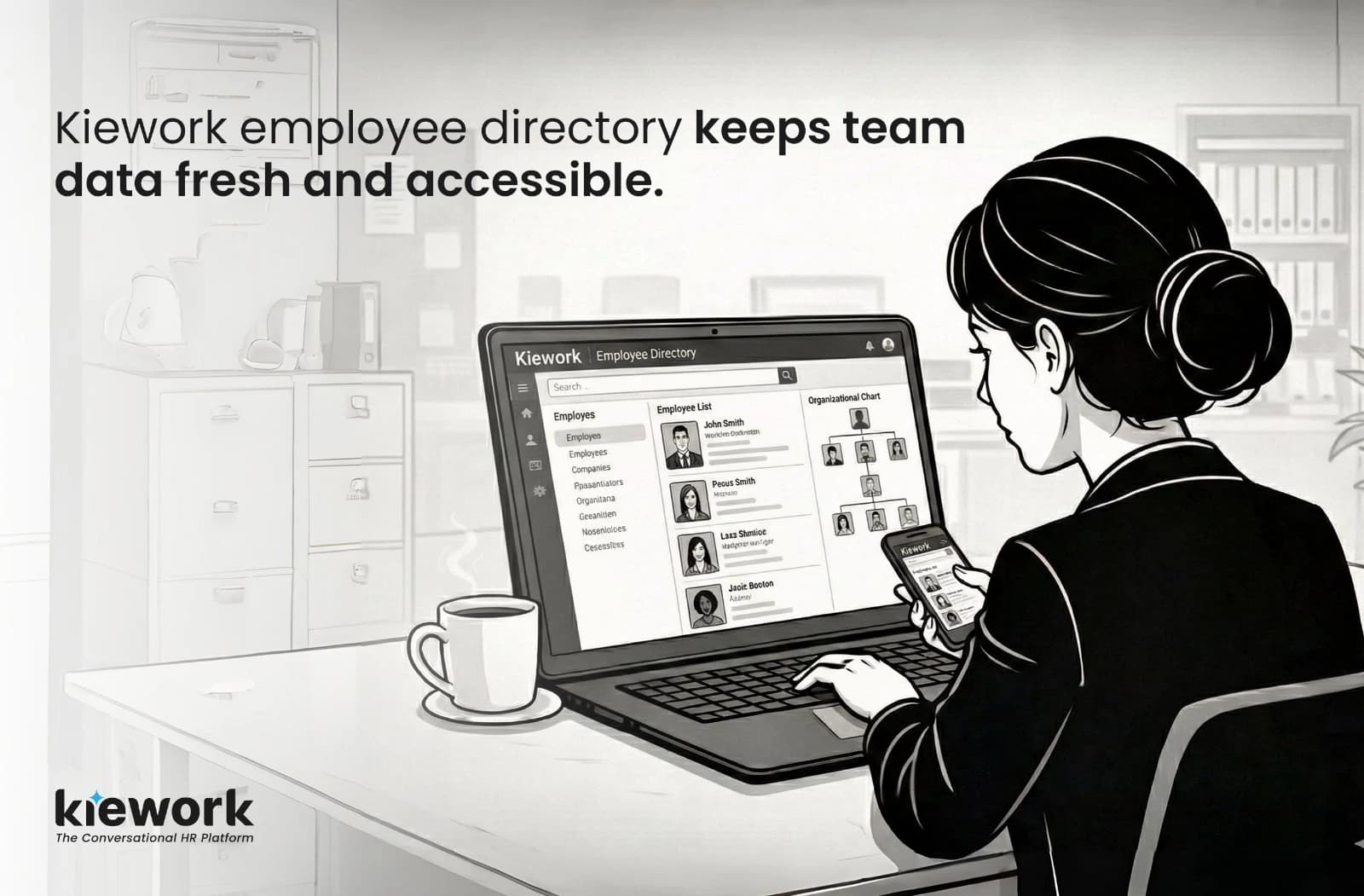 Black-and-white high-contrast illustration of an employee easily finding a colleague on a beautiful digital directory interface on their mobile phone. Clean line art, grayscale tones.