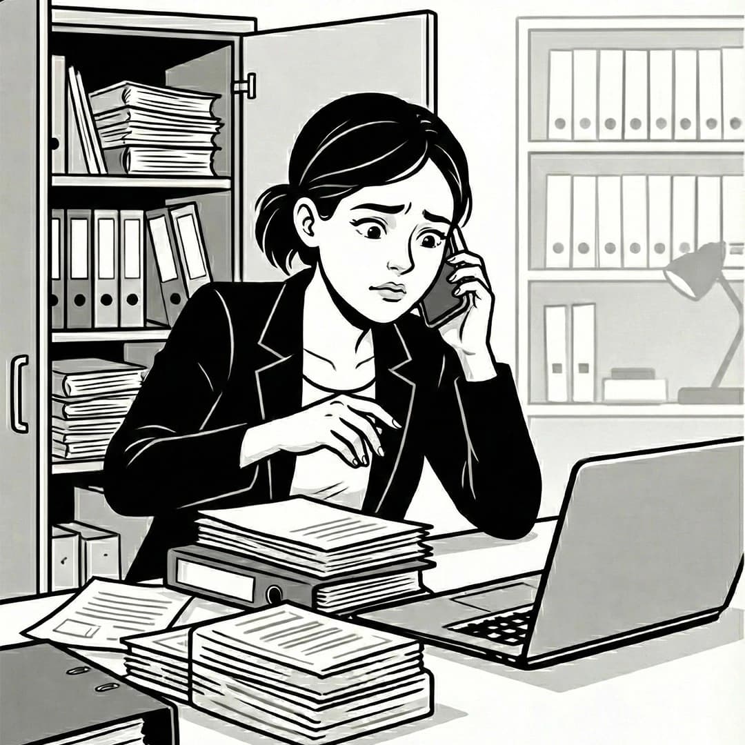 Black-and-white corporate comic illustration of an HR manager desperately searching through a massive wall of filing cabinets. Papers flying everywhere, clean line art, grayscale tones.