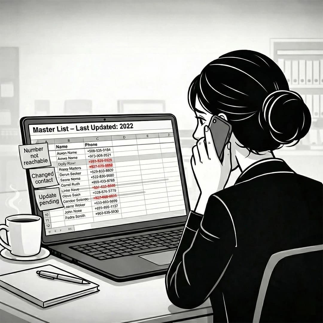 Clean line art grayscale illustration of a computer screen showing an Excel sheet with many 'DO NOT USE' and 'OLD' notes. A hand is pointing at a phone number that is obviously too short.