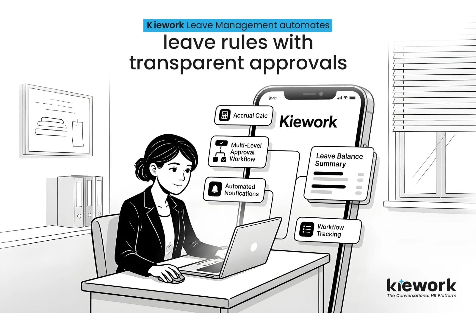Black-and-white high-contrast illustration of an employee happily booking a vacation on their phone with a 'Leave Approved' checkmark appearing instantly.