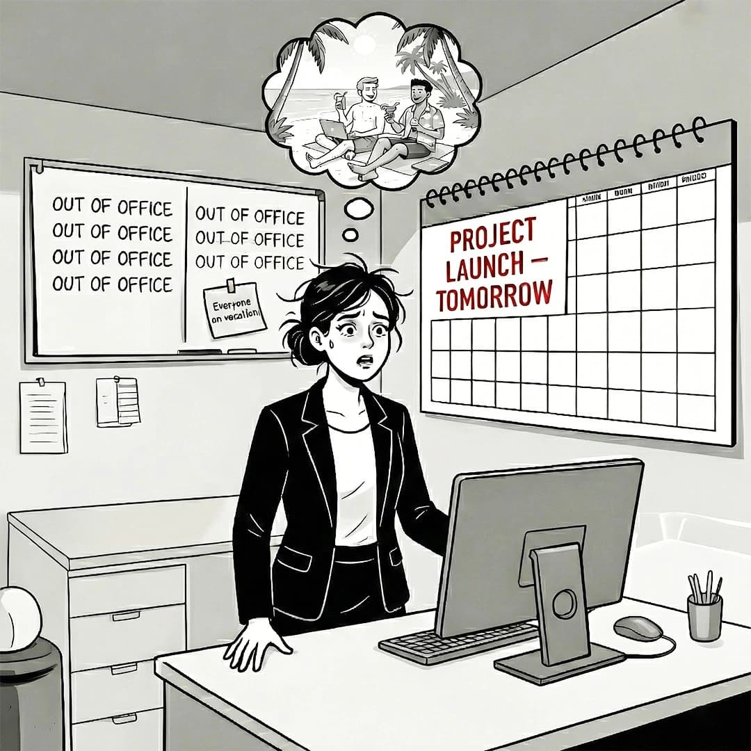 Clean line art grayscale illustration of two key team members walking out the door with suitcases while a project manager looks on in horror at a 'DEADLINE' sign.