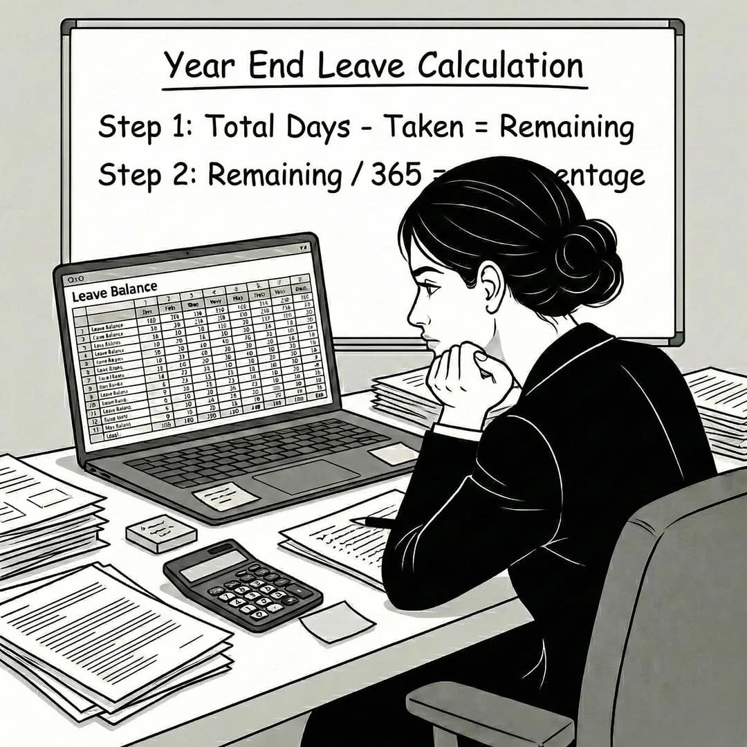 Three-panel storyboard layout showing an HR manager with a calculator and a look of deep pain, trying to calculate carry-forward balances and leave encashment.