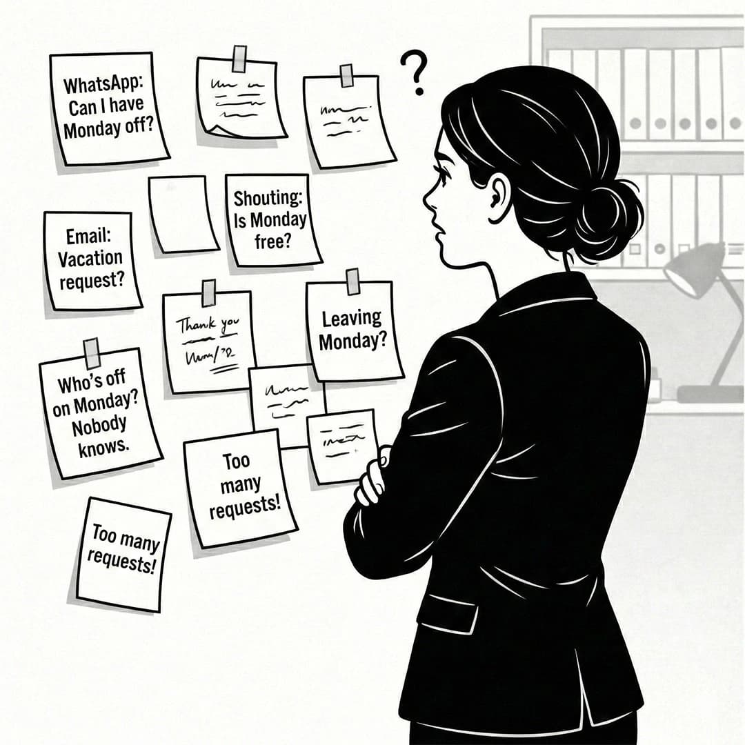 Black-and-white corporate comic illustration of an HR manager's desk completely covered in colorful sticky notes with 'LEAVE' written on them. Clean line art.
