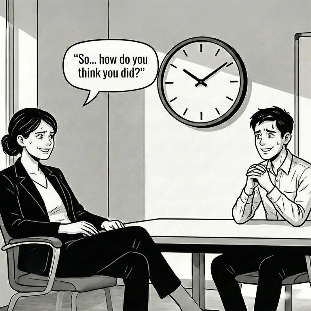 Three-panel storyboard layout showing an awkward face-to-face performance review meeting. One person looks defensive, the other looks nervous. Grayscale tones, minimal shading, flat vector style, professional setting.
