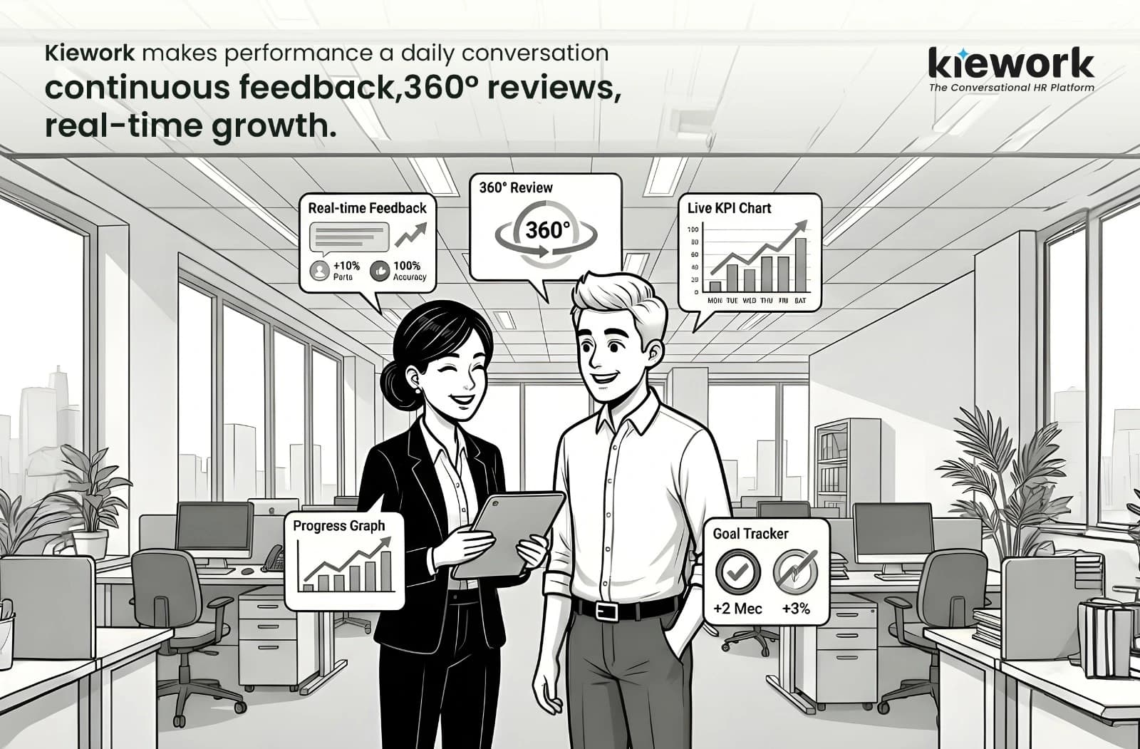 Black-and-white high-contrast illustration of a happy HR manager and employee looking at a clean digital dashboard on a tablet. Expressive joyful faces, clean line art, grayscale tones, corporate setting, modern flat vector style.