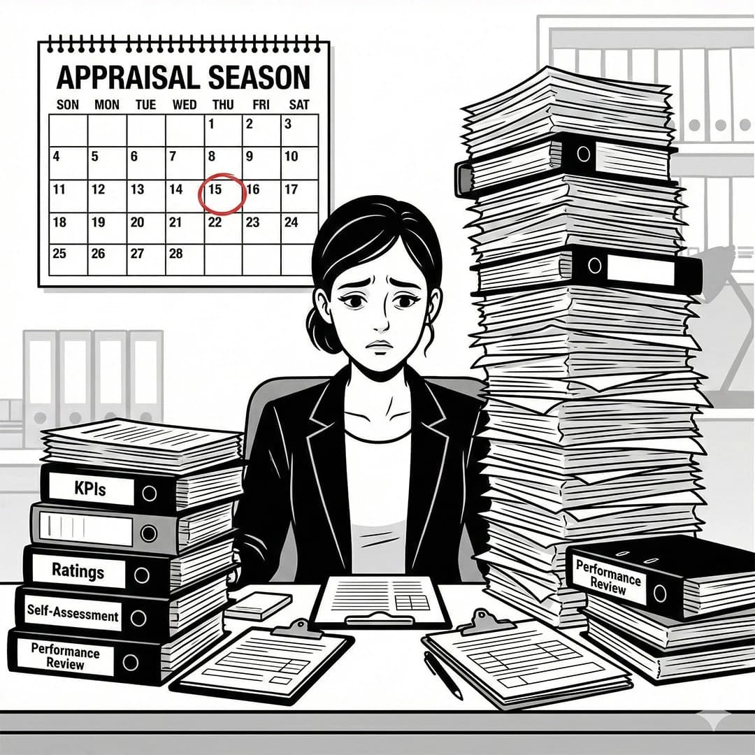 Black-and-white corporate comic illustration of a stressed manager sitting at a desk with a massive, overflowing mountain of paper appraisal forms. Clean line art, grayscale tones, minimal shading, flat vector style, corporate office setting.