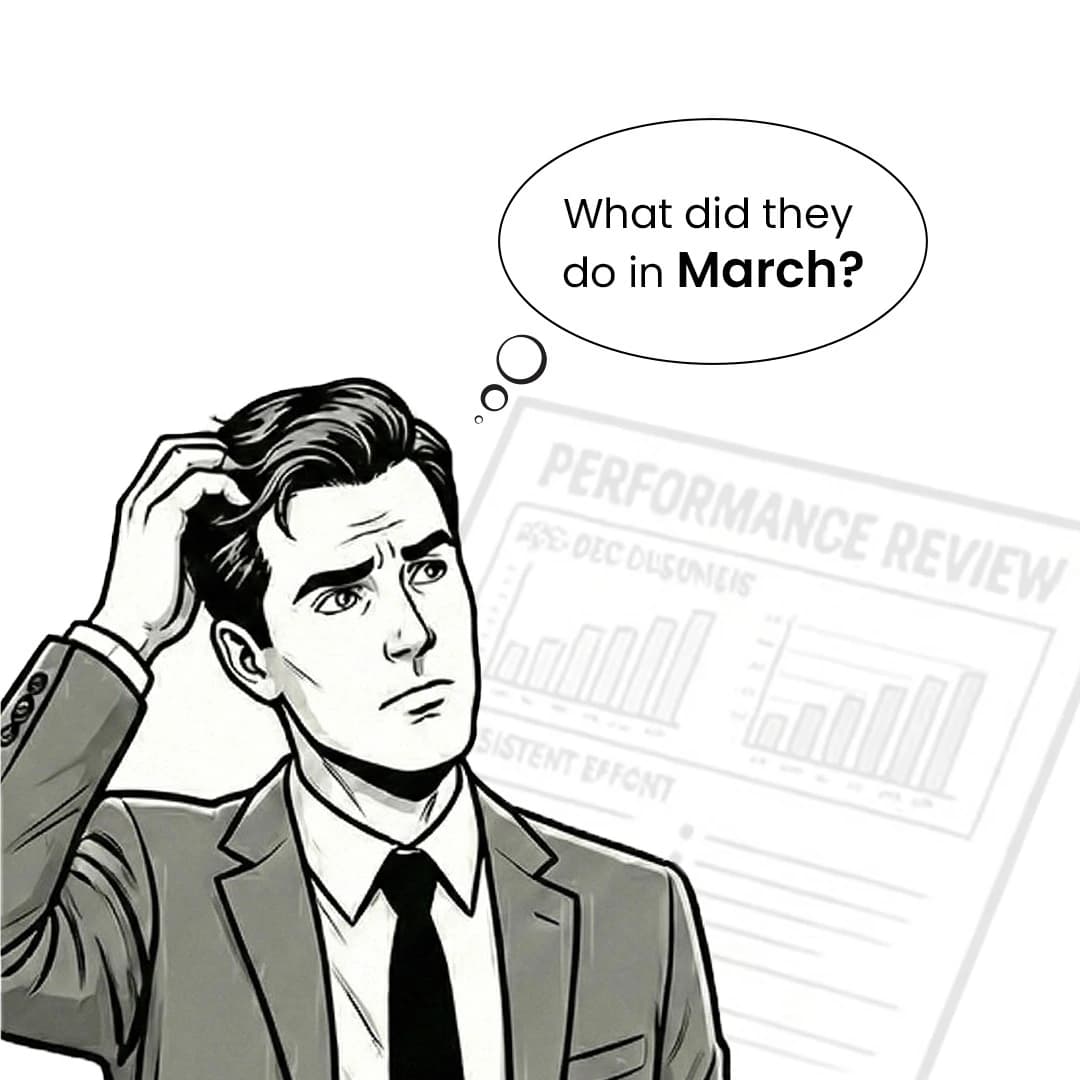Clean line art grayscale illustration of a manager scratching their head in confusion while looking at a calendar. Expressive face showing memory failure. Modern office background, high contrast, editorial illustration style.