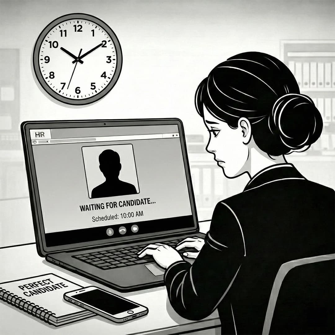 Comic illustration of a recruiter looking at an empty screen after being ghosted by a job candidate