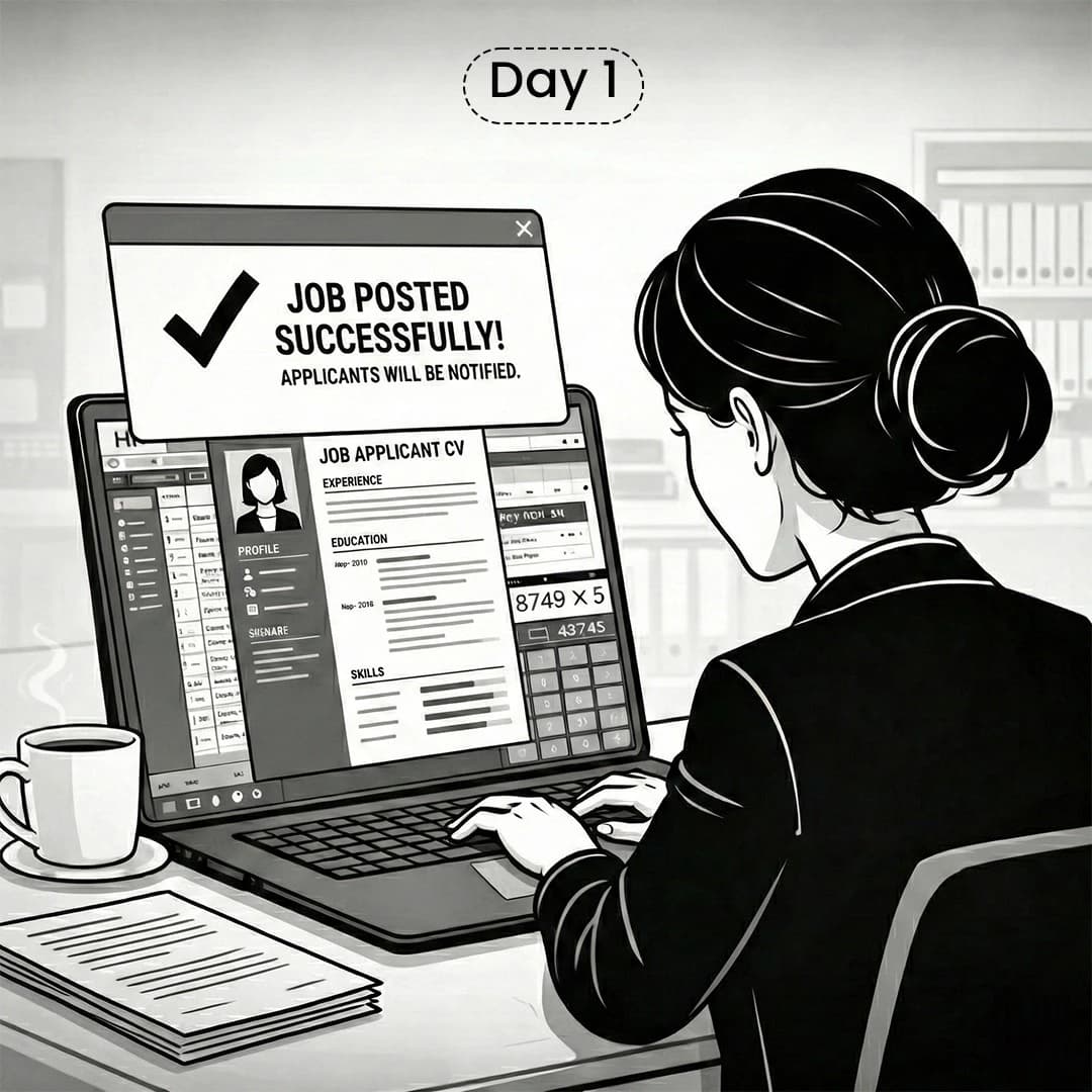 Black-and-white corporate comic illustration of an optimistic hiring manager clicking 'Post Job' on a laptop. Clean line art, grayscale tones, minimal shading, corporate office setting.