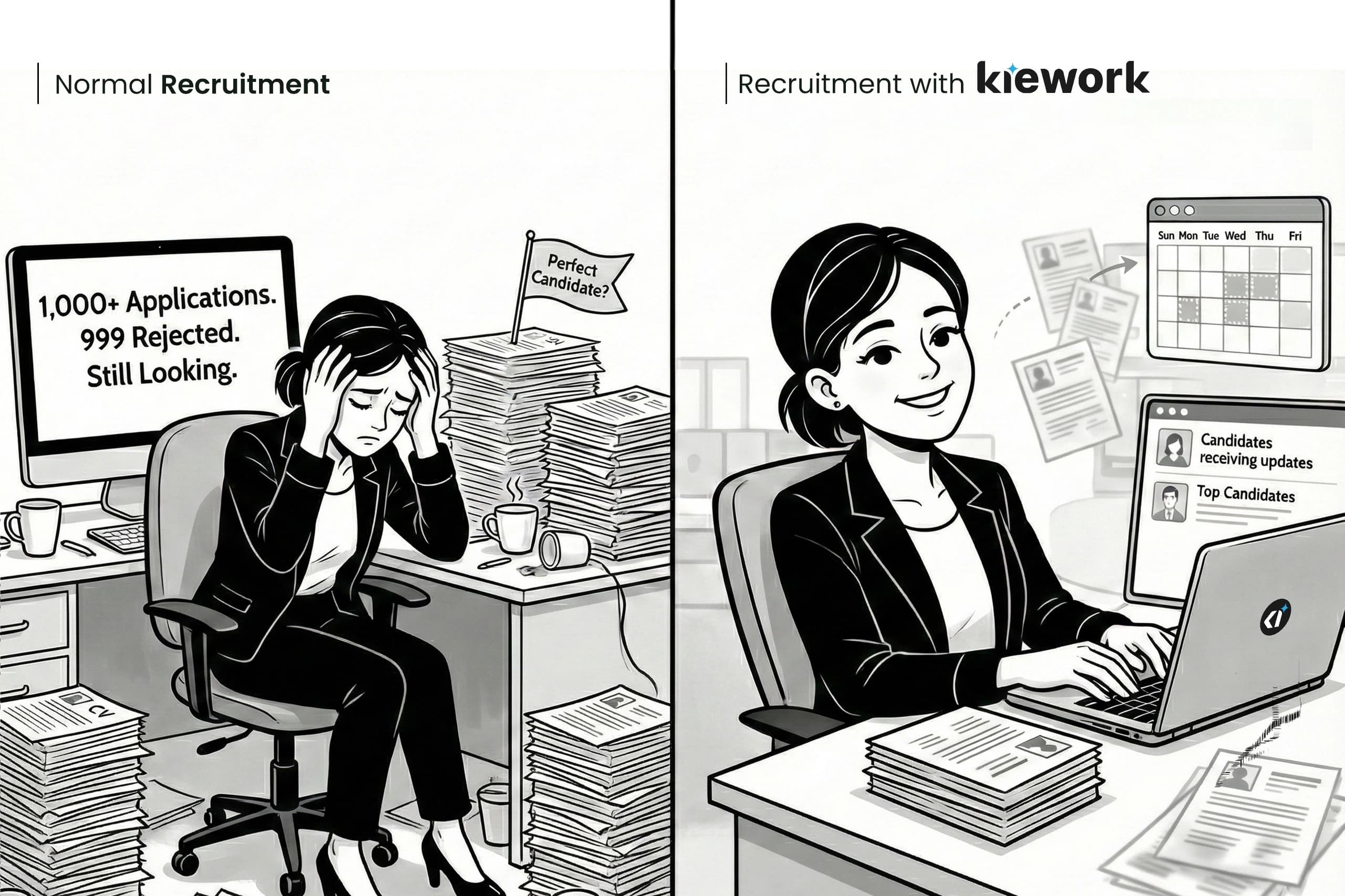 Black-and-white high-contrast illustration of a recruiter smiling while looking at a perfectly filtered candidate list on a clean digital interface. Clean line art, grayscale tones, corporate setting, modern flat vector style.