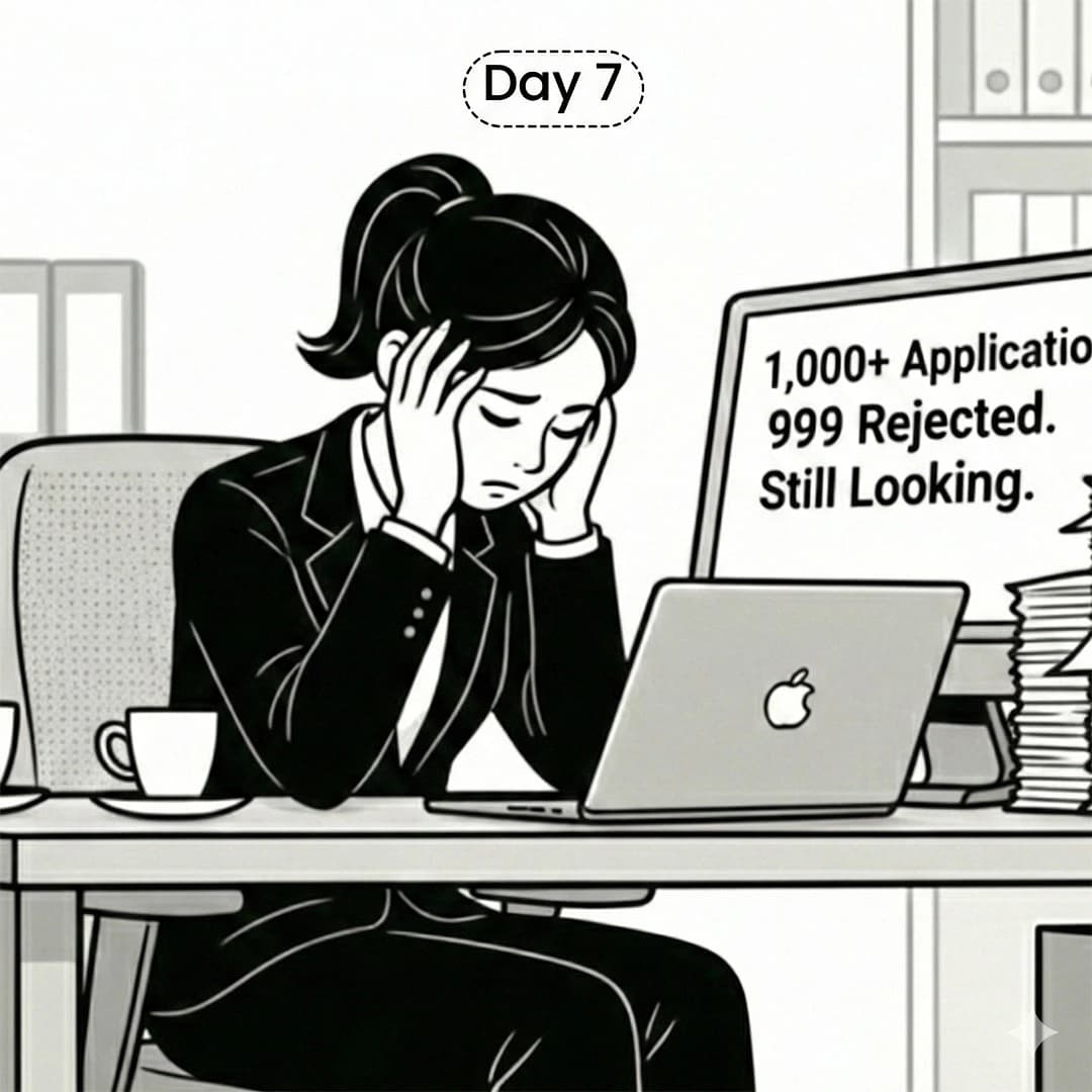 Clean line art grayscale illustration of a recruiter looking shocked as thousands of resume icons fly out of an inbox. Expressive face, high contrast, editorial illustration style.