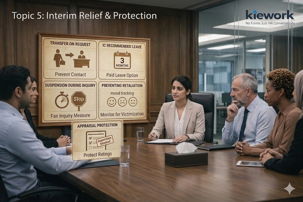 Employee protection system providing interim relief, transfers, and safeguards during POSH investigations